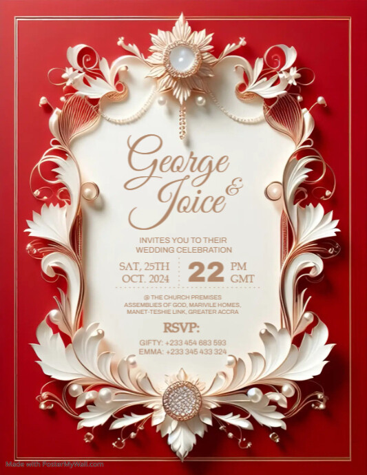 Floral White, Gold And Red Wedding Invitation