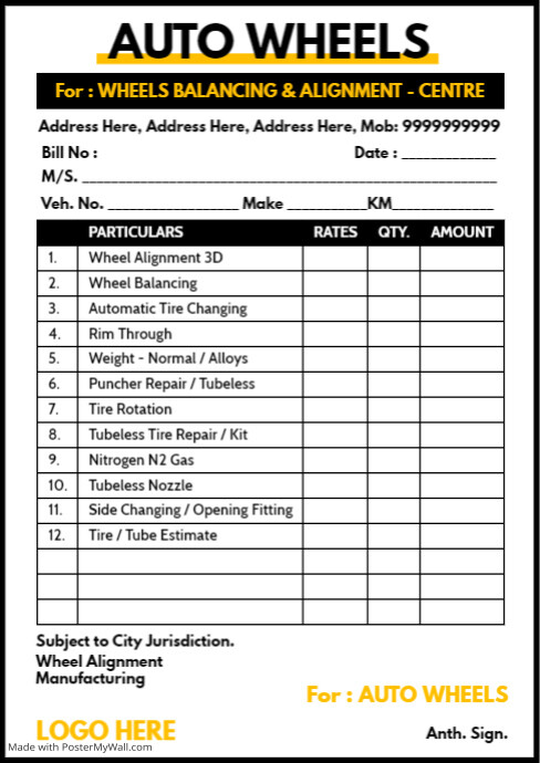 Cars Wheel Balancing Receipt Template