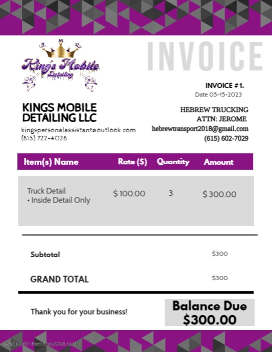 Israel Sample Invoice Copy of Invoice(1) KMD Hebrew Trucking | PosterMyWall