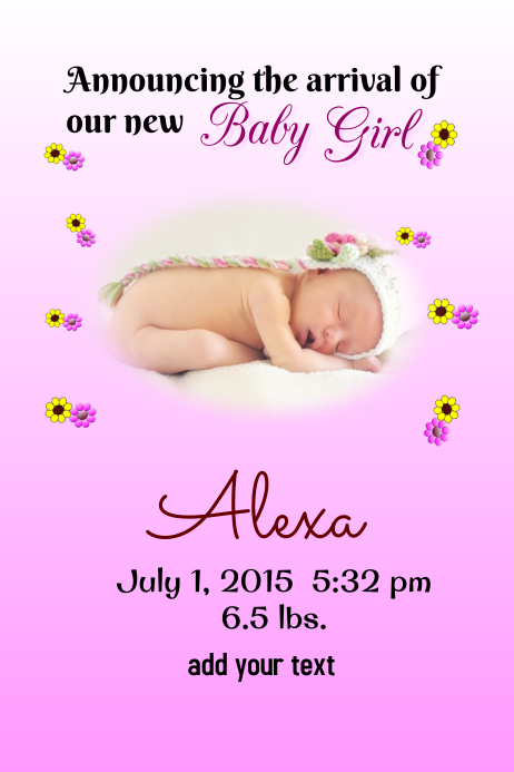 Birth Announcement Baby Girl Template Postermywall