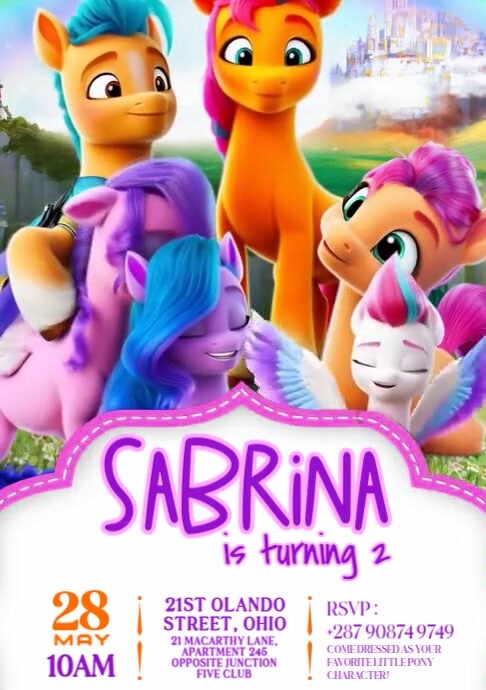 3D Colorful Maximalist 3D Editable My Little Pony Kid’s Birthday Video Flyer Invitation A4 template