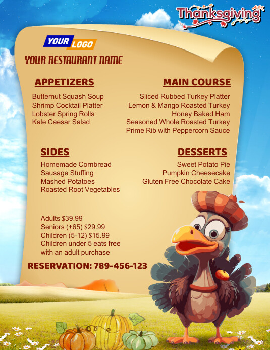 3D Creative Thanksgiving Menu Flyer (format US Letter) template