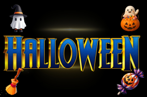 Черный 3D Halloween text flyer template design Etykieta