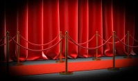 3d image render of a red cap with velvet barriers and cords and curtains. Tag template