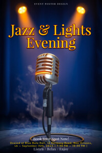 3d Jazz & Lights Evening – Sapphire Blue With Golden Stage Lights And Vintage Microphone Poster Плакат template