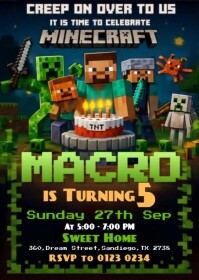 3d Minecraft Birthday Invitation A6 template