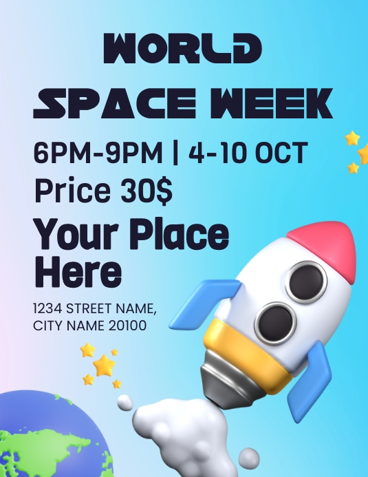 3D Rocket Illustrative World Space Week Event Modelo | PosterMyWall