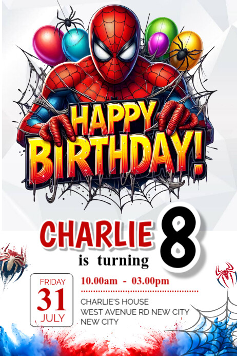 3d Spiderman themed kids birthday party invitations flyer template for Facebook post Plakkaat