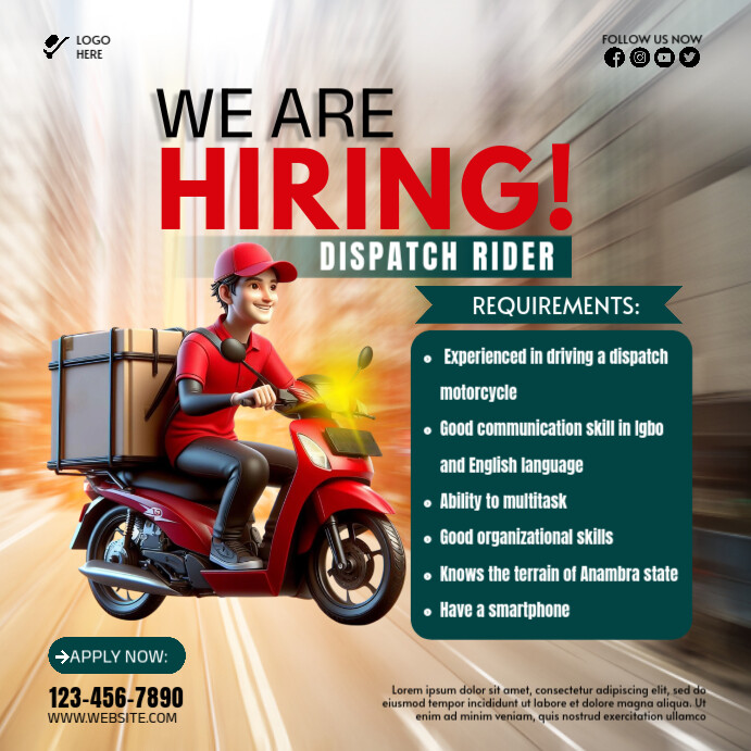 3d We Are Hiring Dispatch Rider Instagram Post Template | PosterMyWall