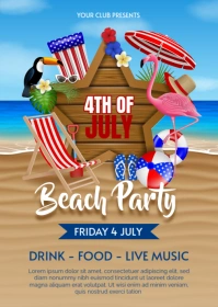 4th of july beach party poster with star shaped signboard and inflatables on beach background A6 template