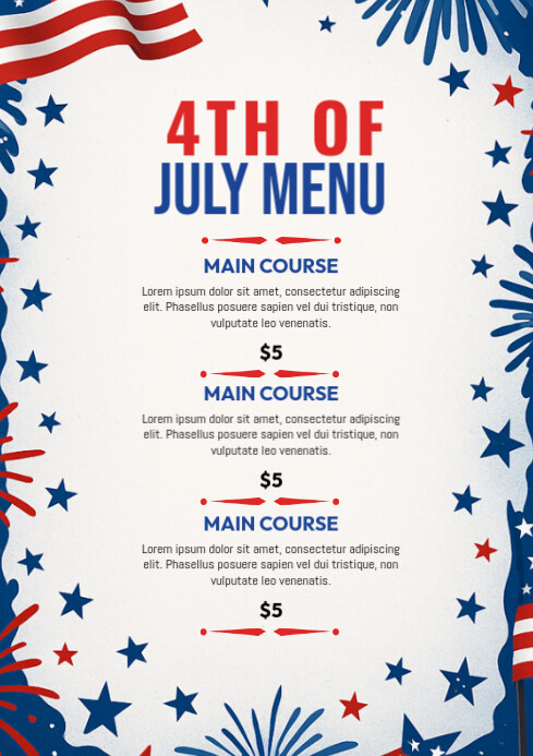 4th of July Menu A4 template
