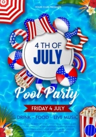4th of july pool party poster with inflatables and tropical plants on pool water animation A4 template