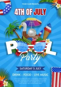 4th of july pool party poster with inflatables , sunglasses with usa flag colors and tropical plants A6 template