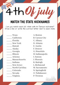 4th of July State Nickname Match Up Game, Printable 4th of July Game, Independence Day Games, US Sta A6 template