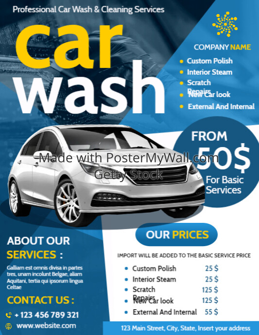car wash advertisement blue and white and yel