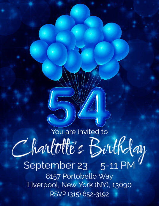 54th birthday party invitation blue balloon Folheto (US Letter) template