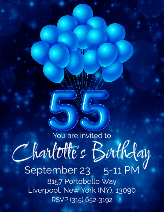 55th birthday party invitation blue balloon Template PosterMyWall