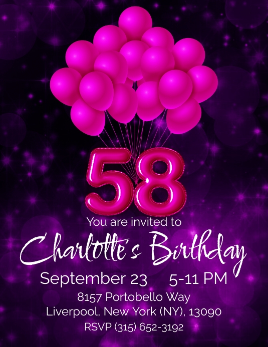 58th birthday party invitation blue balloon Folheto (US Letter) template