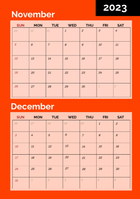 Printable November December Calendar