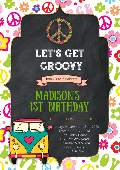 60s Groovy birthday invitation A6 template