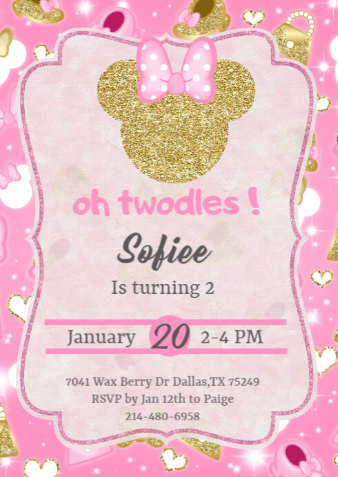 pink and gold minnie mouse invitation | PosterMyWall
