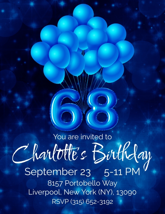 68th birthday party invitation blue balloon Flyer (US Letter) template