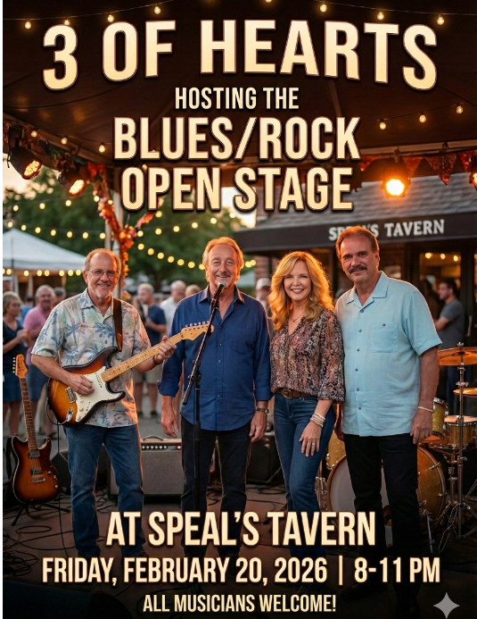 3 of Hearts hosts Blues/Rock Open Stage at Speal's Tavern