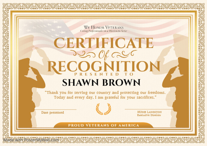 Veterans Recognition Certificate Template PosterMyWall