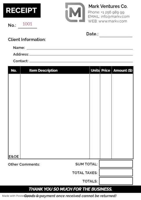 A5 Receipt cash sale invoice small business