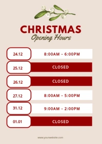 Beige Red Elegant Traditional Holiday Opening Hours Christmas Poster A5 template