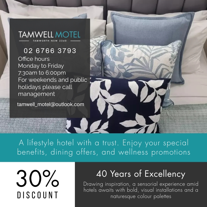 Blue and white hotel room promo Instagram pos | PosterMyWall