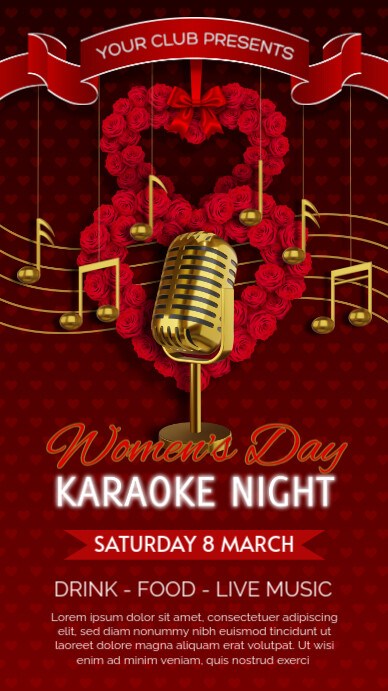 8 march women's day karaoke night flyer with gold mic and red roses Instagram Story template