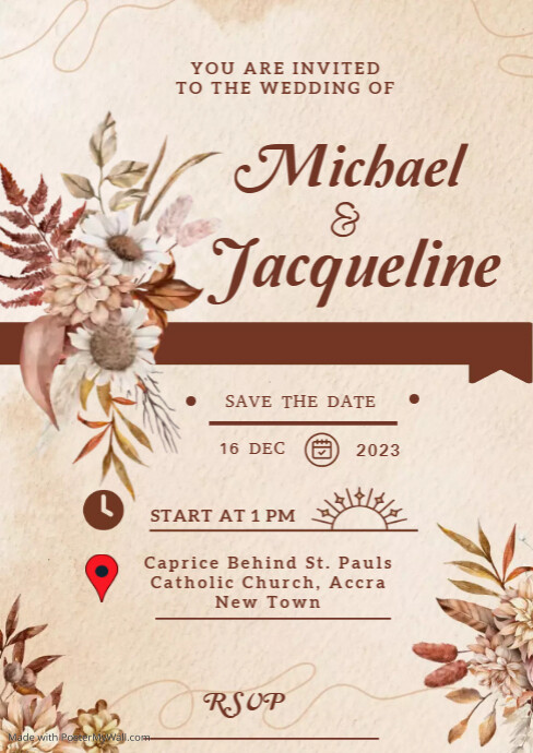 Cream and Brown Floral Wedding Invitation A4 template