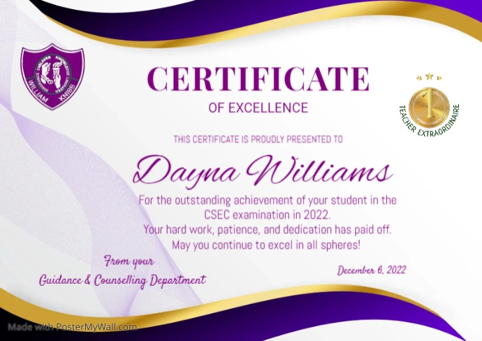 Knibb CSEC certificate Dayna | PosterMyWall
