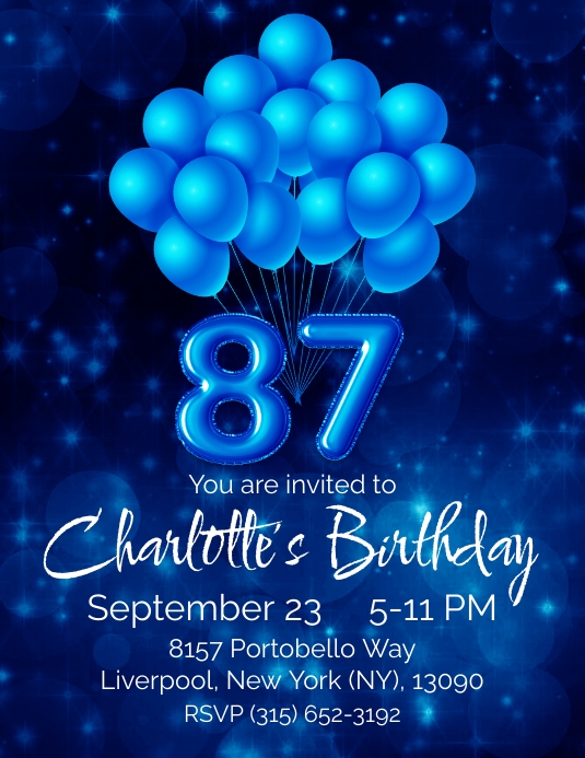 87th birthday party invitation blue balloon Template PosterMyWall