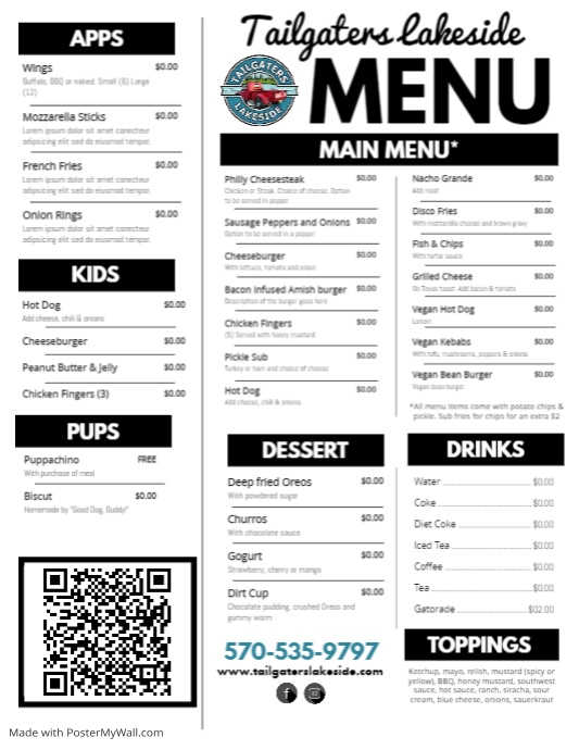 Tailgaters Lakeside Menu PosterMyWall