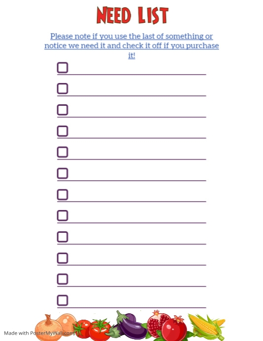 Vegetable Grocery List Template PosterMyWall