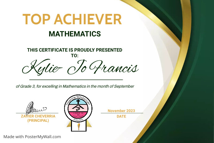 Grade 3 Top Math Achiever Award September | PosterMyWall