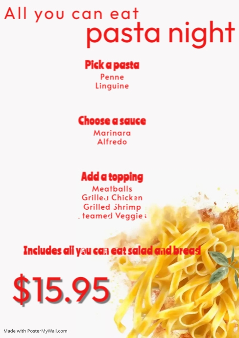 Pasta menu table a4 printable list artistic | PosterMyWall