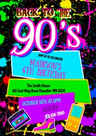 90's birthday party invitation A6 template