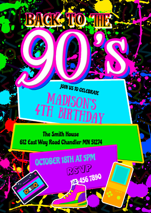 90's birthday party invitation A6 template