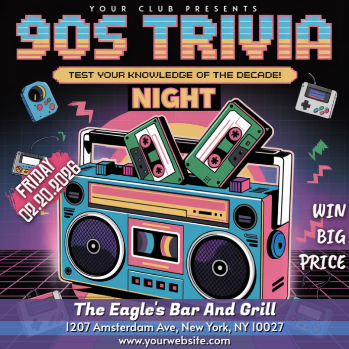 90s Music Trivia Night Instagram Post Template | Retro Game & Music Bar ...