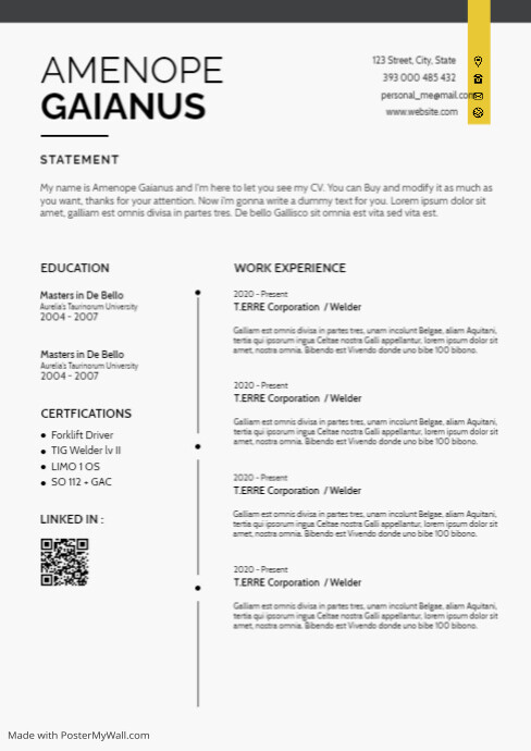 cv black white and yellow minimal template