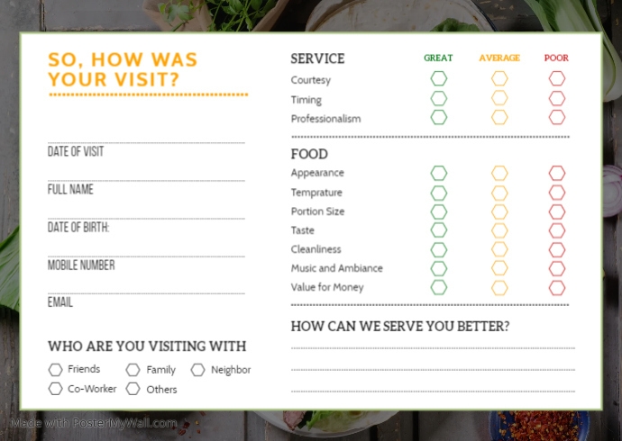 Colored Restaurant Comment Card | PosterMyWall