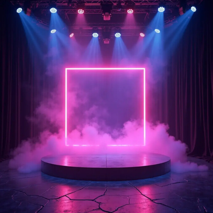 A modern, futuristic stage setup with a glowing pink and purple neon square frame at the center. The Instagram Post template