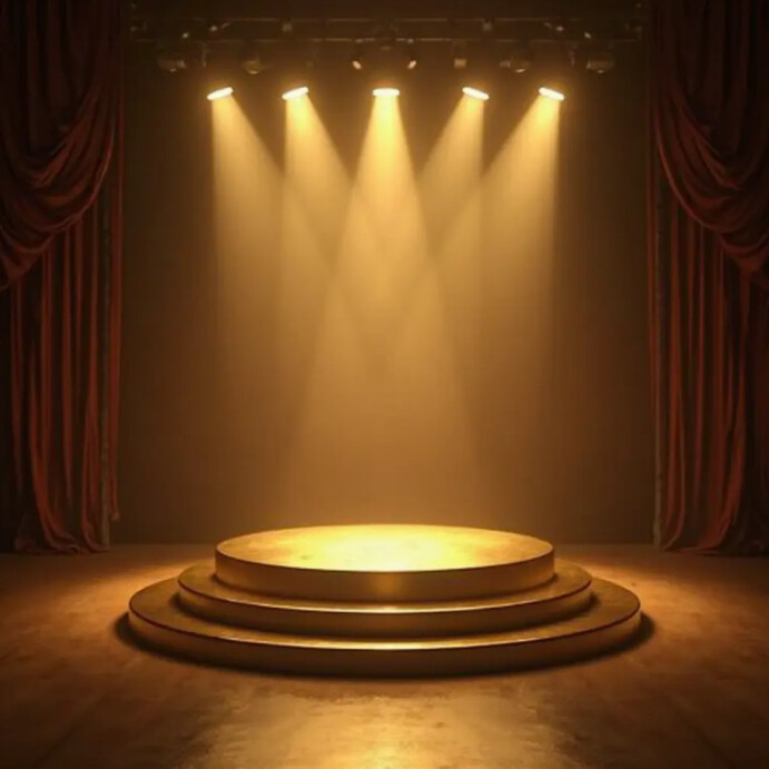 3d Rendered Stage Plantilla de A realistic 3D-rendered stage setup with a golden circular ...