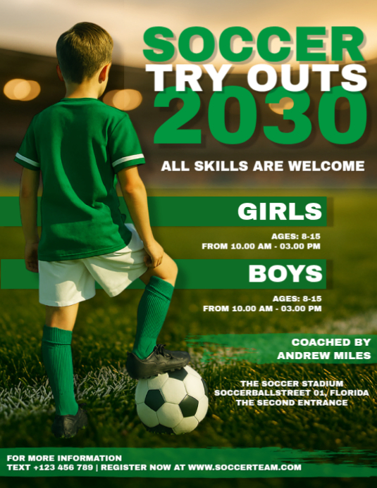 A Soccer try-outs poster/flyer Template | PosterMyWall