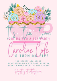 A Tea party pink cup of flowers invitation A5 template