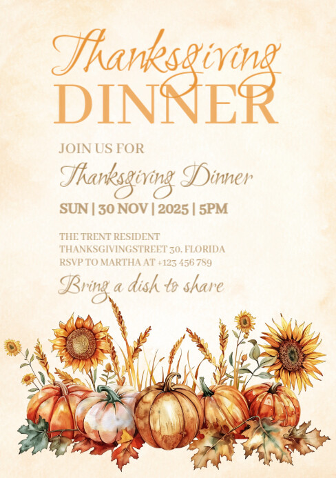 A Thanksgiving dinner invitation with pumpkin and fall leaves A5 template