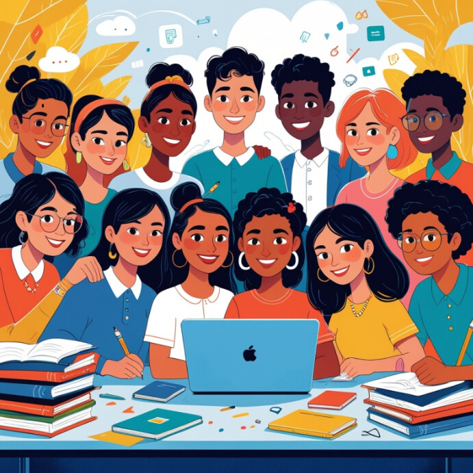 A vibrant illustration of diverse students learning together ...
